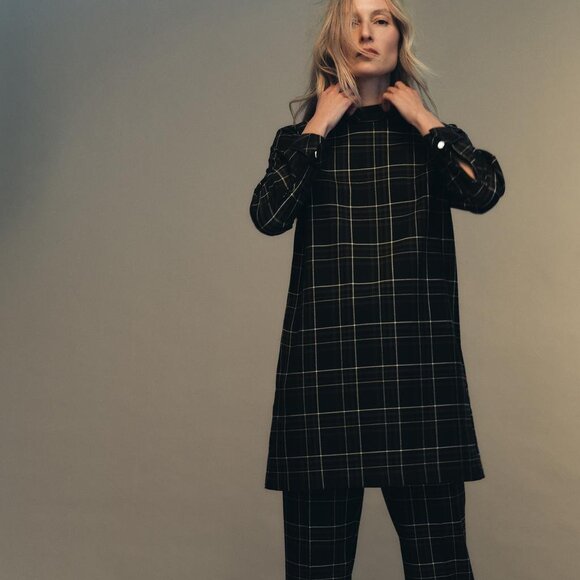 Zara Black & Khaki Plaid Mini Dress W/ High Neck & Long Sleeves Size Medium NWT - Picture 1 of 13